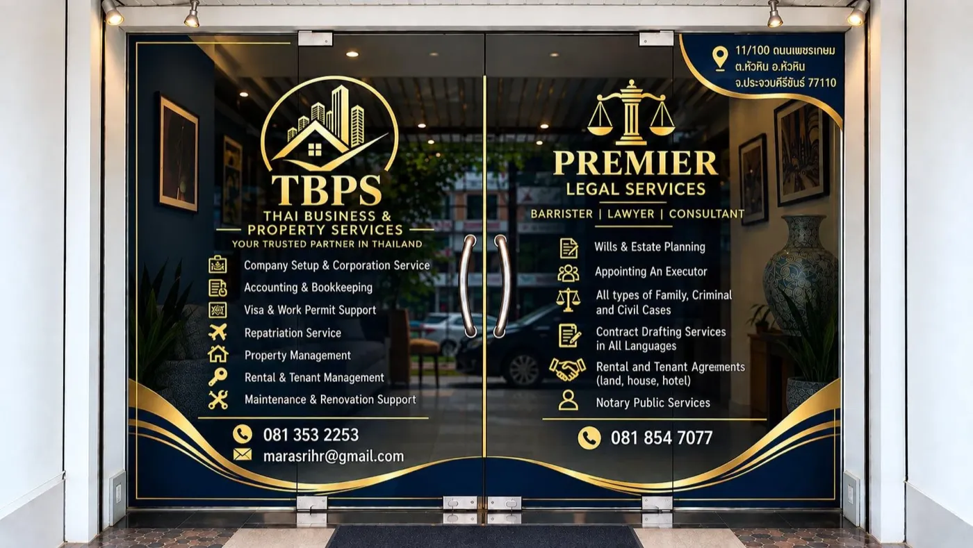 The TBPS and Premier Legal Services entrance, with both firms’ services on the glass doors